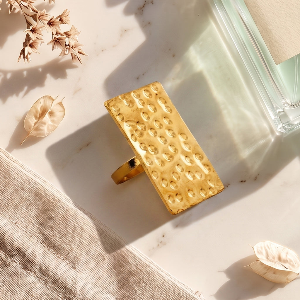 Textured Gold Rectangular Statement Ring