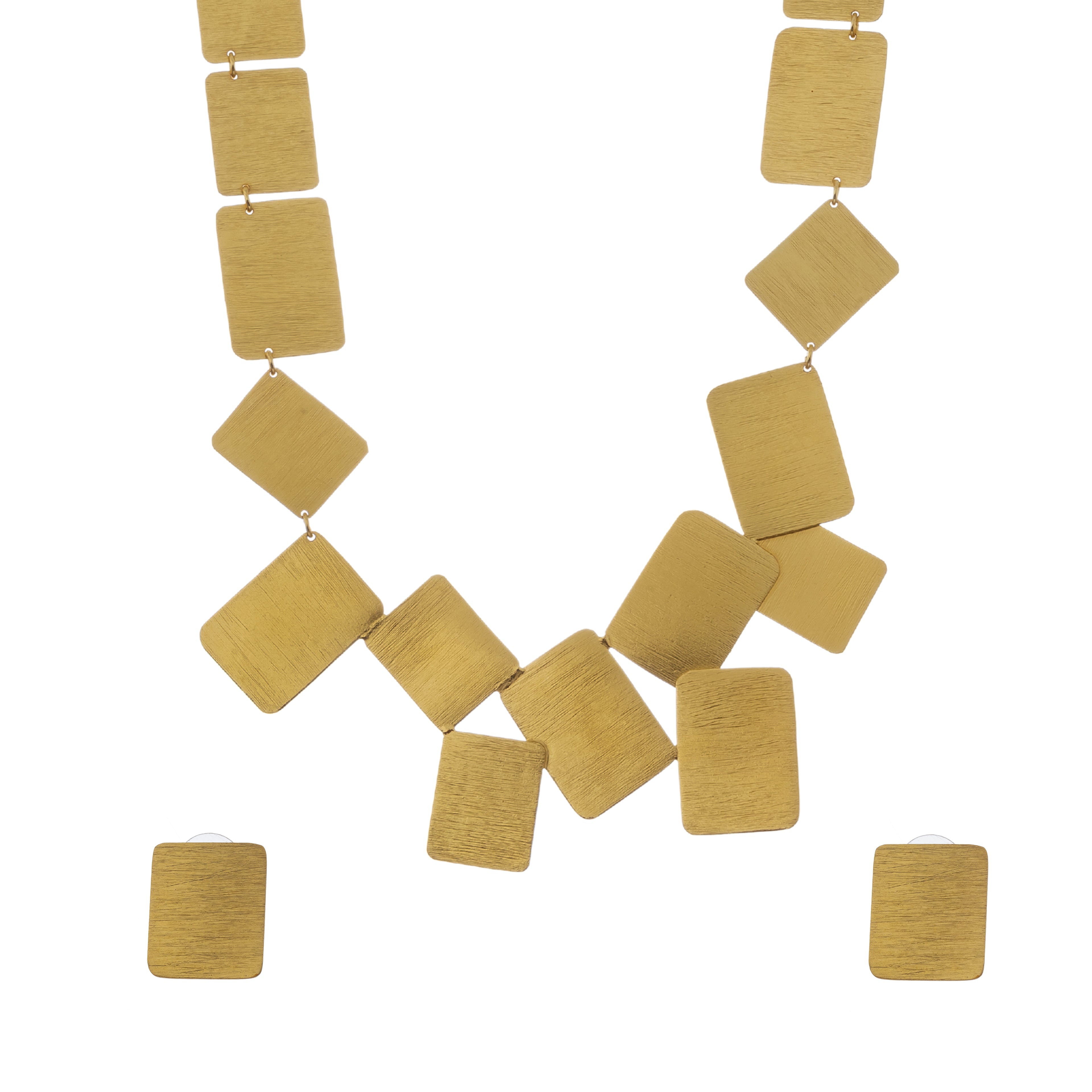 Modern Brushed Gold Rectangle Statement Necklace Set