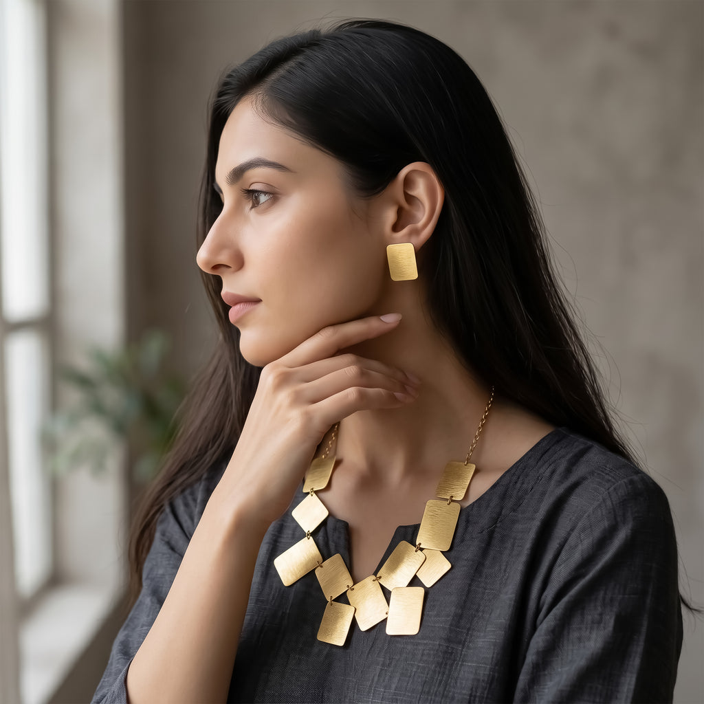 Modern Brushed Gold Rectangle Statement Necklace Set