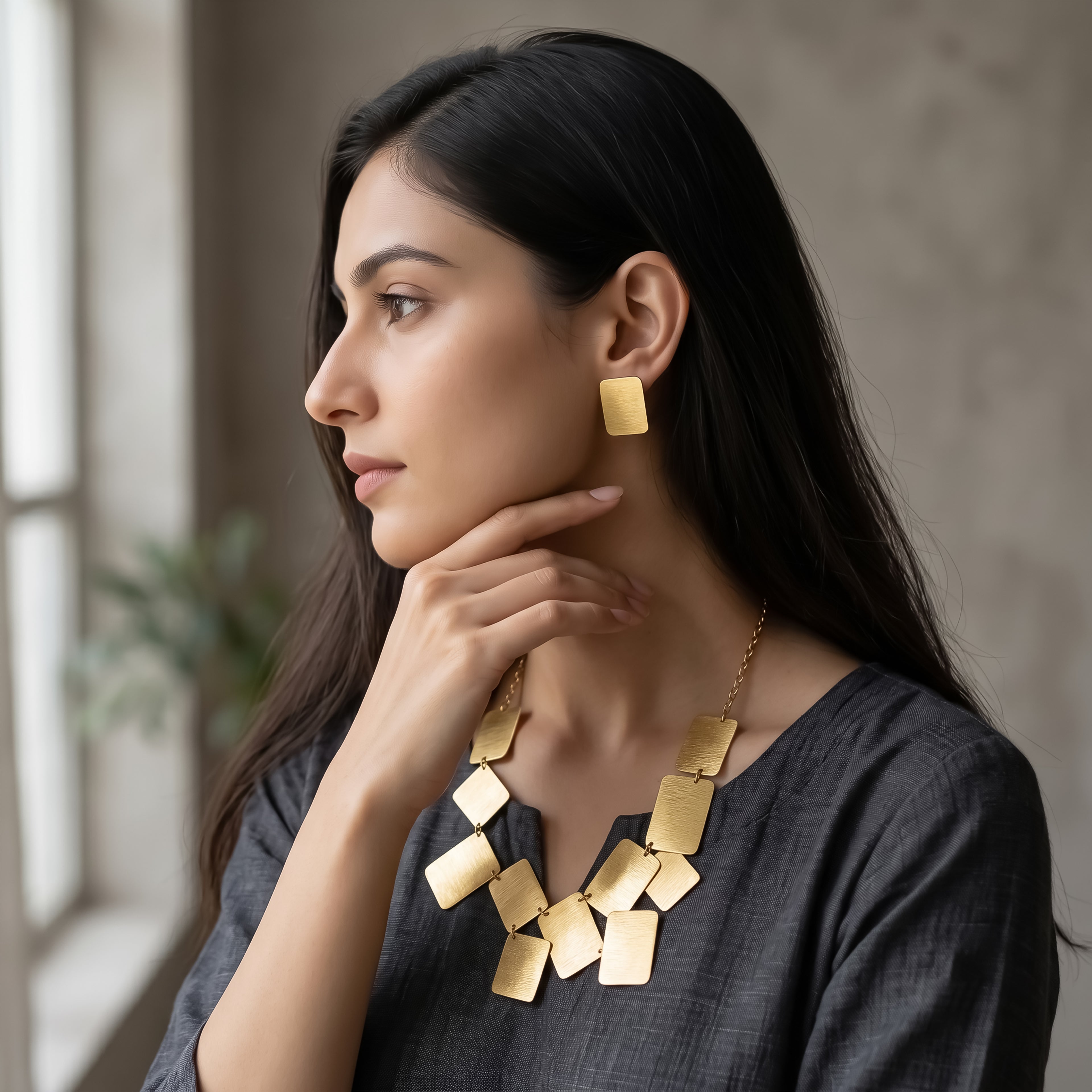 Modern Brushed Gold Rectangle Statement Necklace Set
