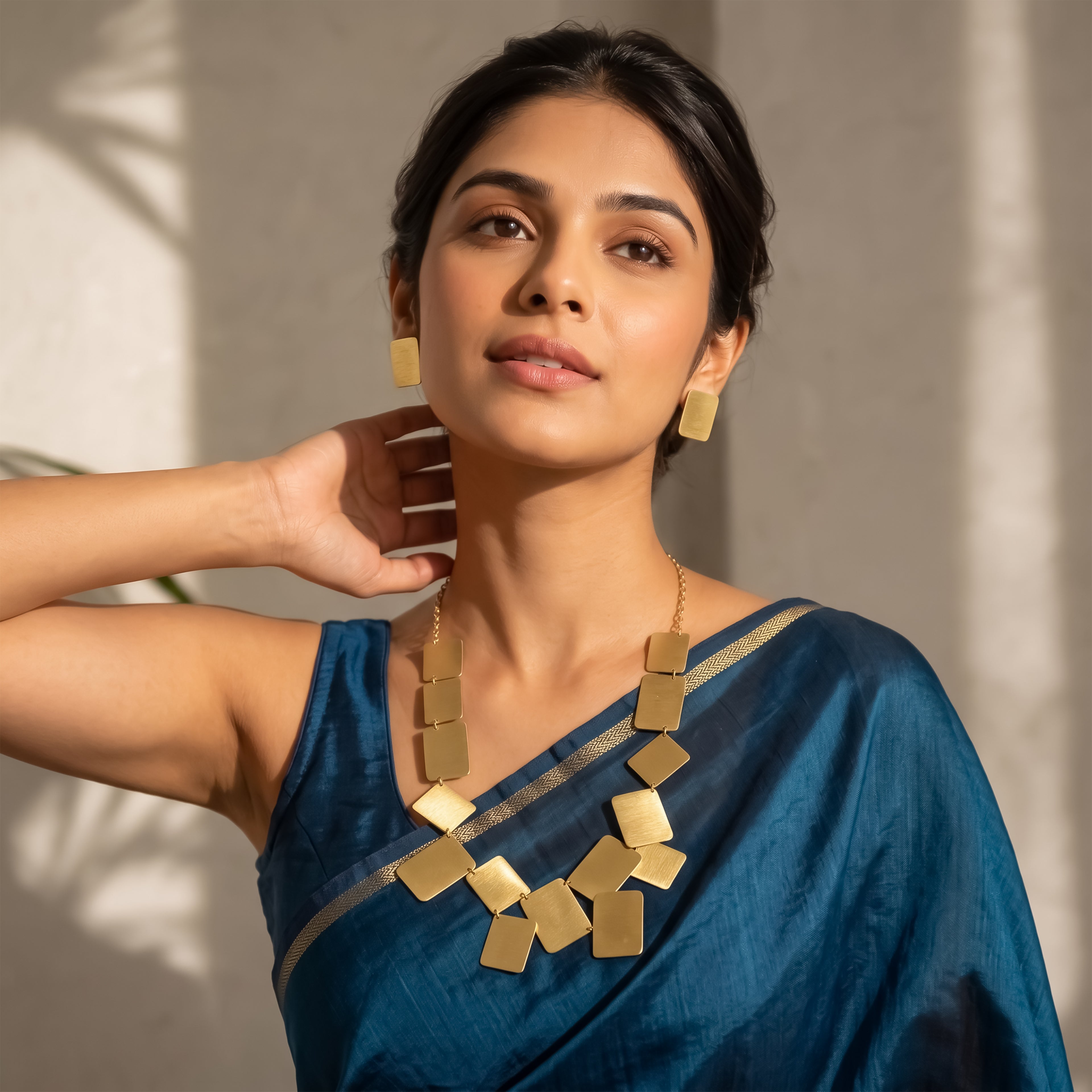 Modern Brushed Gold Rectangle Statement Necklace Set