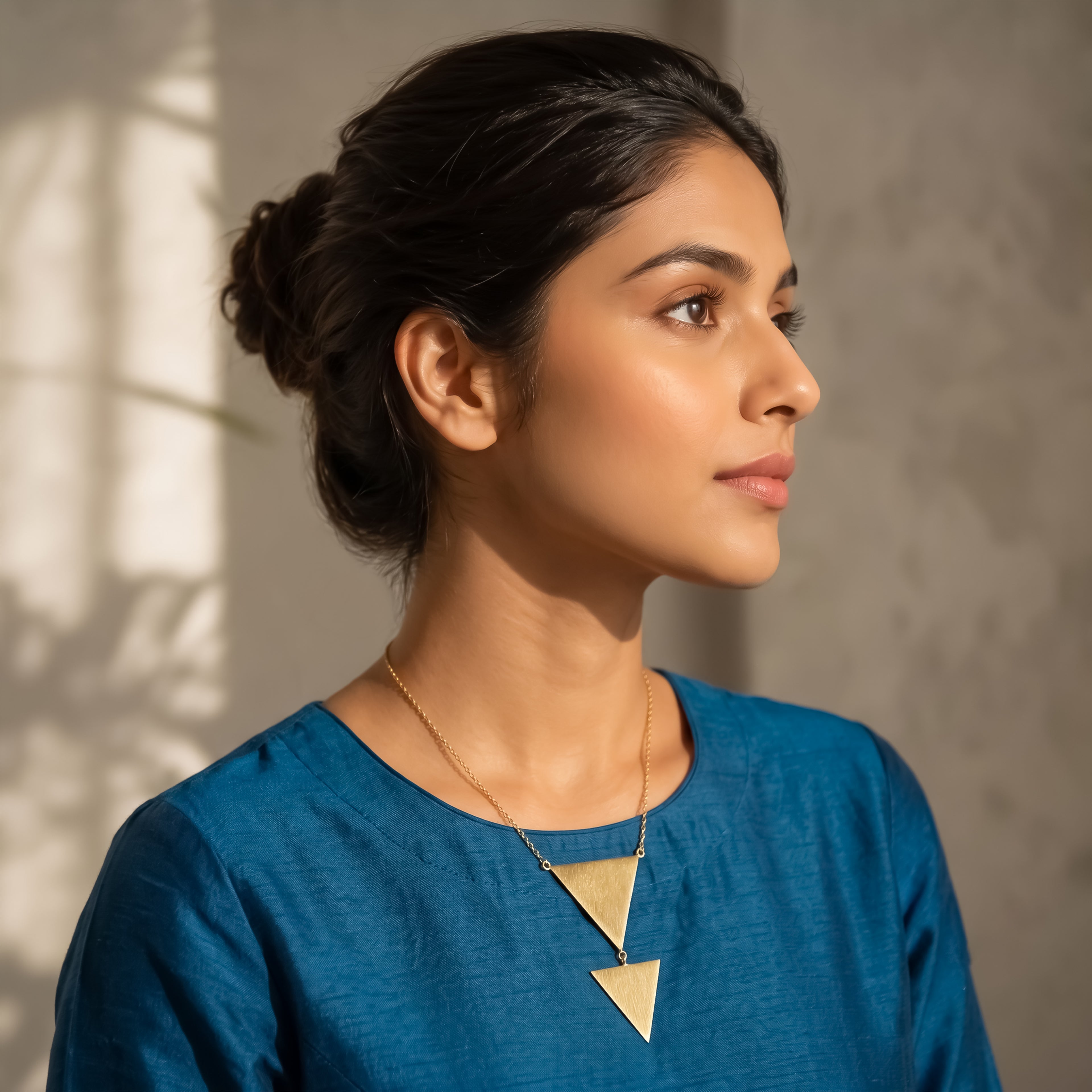 Dual Triangle Pendant Necklace | Matte Gold Finish