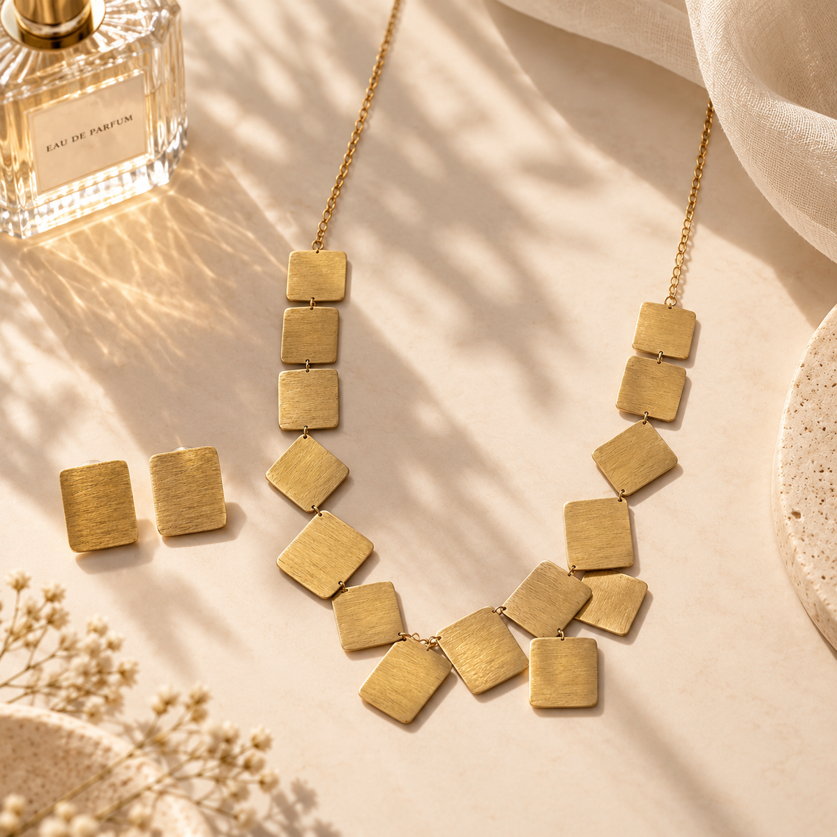Modern Brushed Gold Rectangle Statement Necklace Set