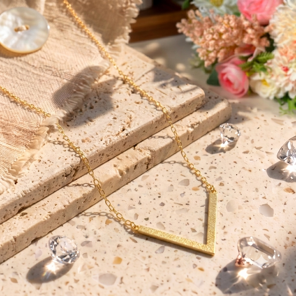 Minimalist V Bar Pendant Necklace | Matte Gold Finish
