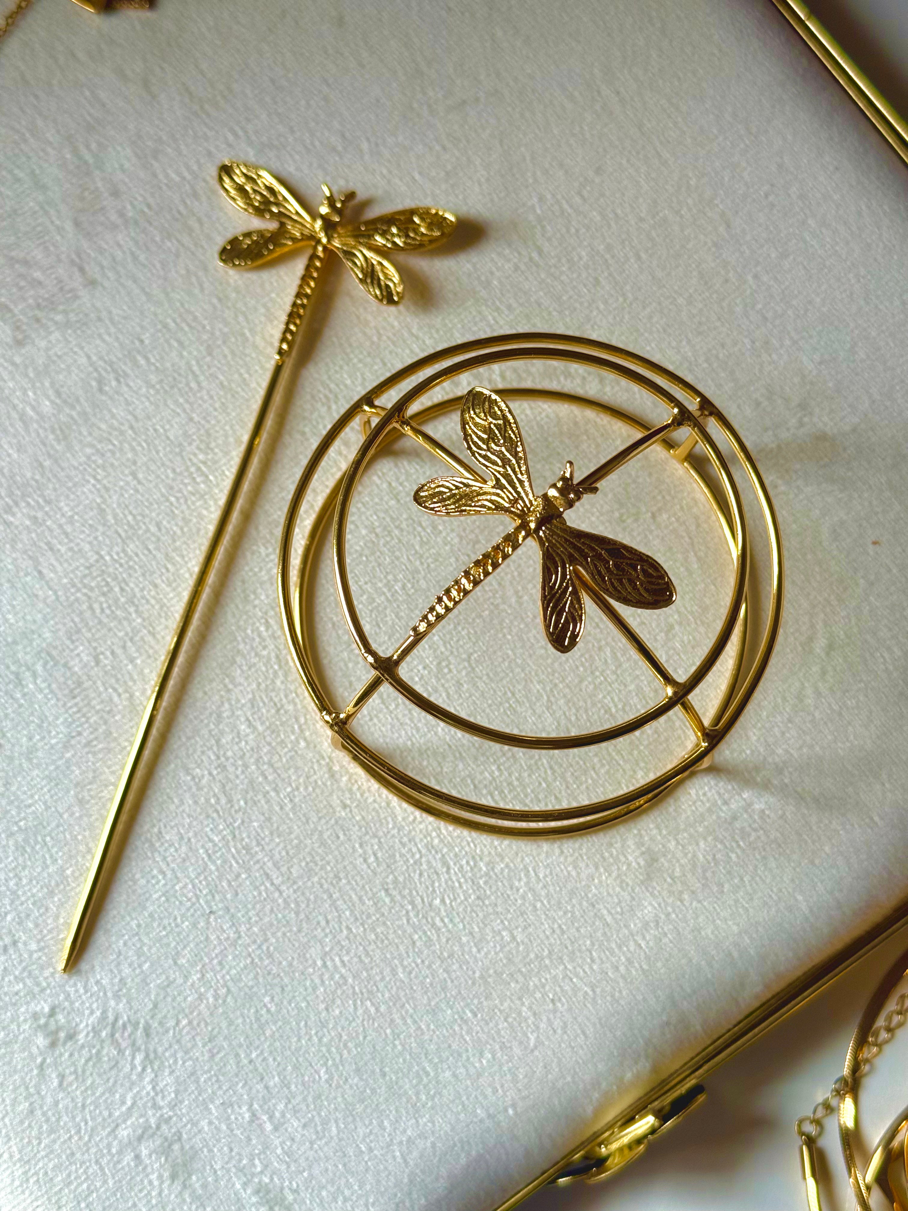 Golden Dragonfly Geometric Bun Hair Pin
