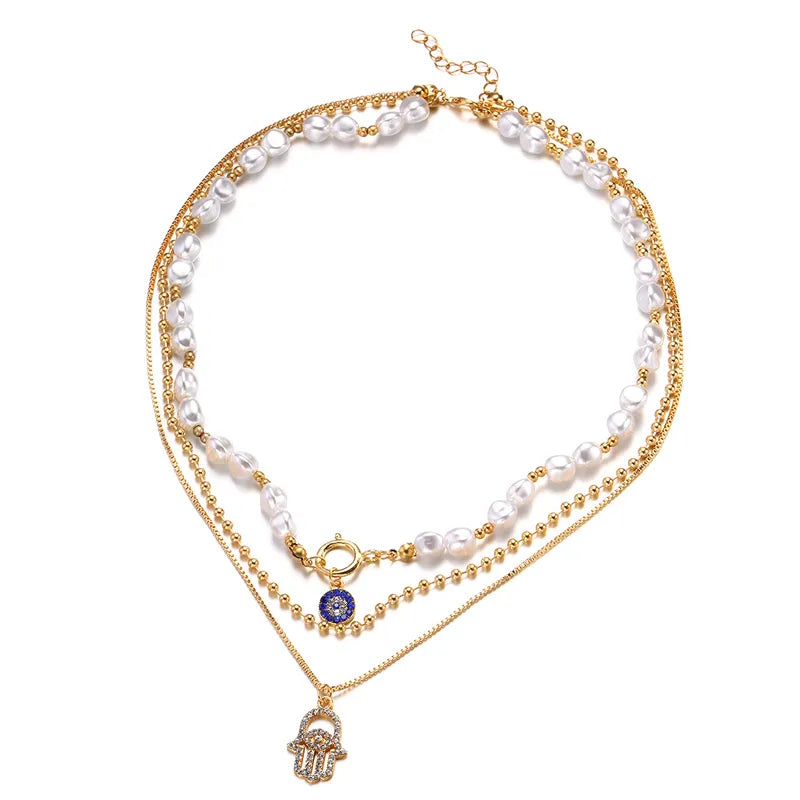 Gold Layered Hamsa Hand & Evil Eye Pearl Necklace Set