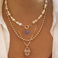 Gold Layered Hamsa Hand & Evil Eye Pearl Necklace Set